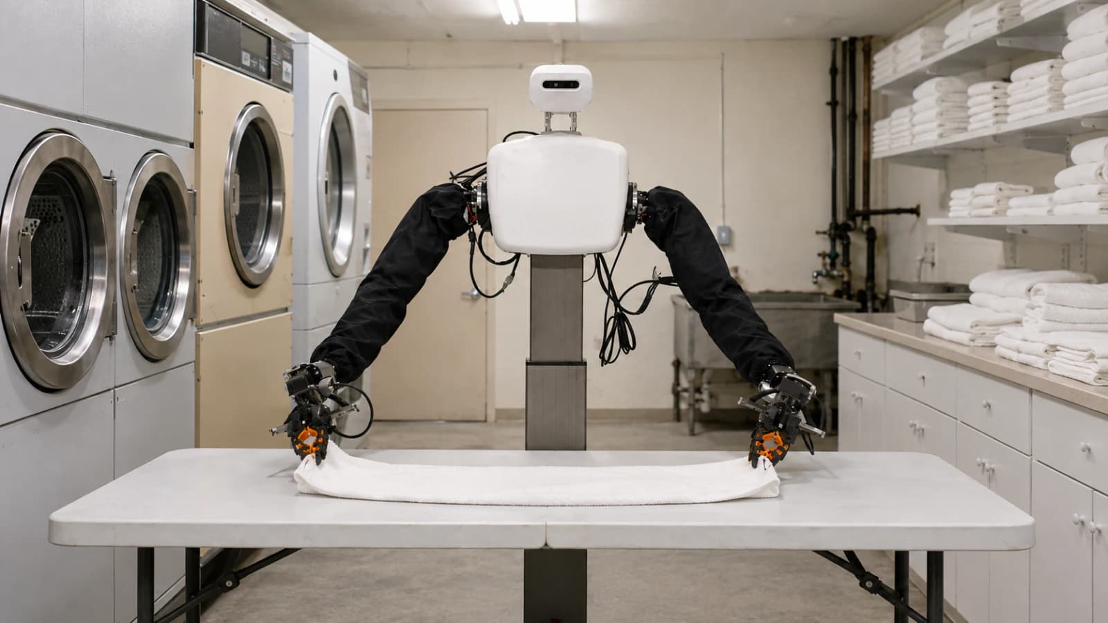 HALE 1.0 folding a towel at a laundry work table