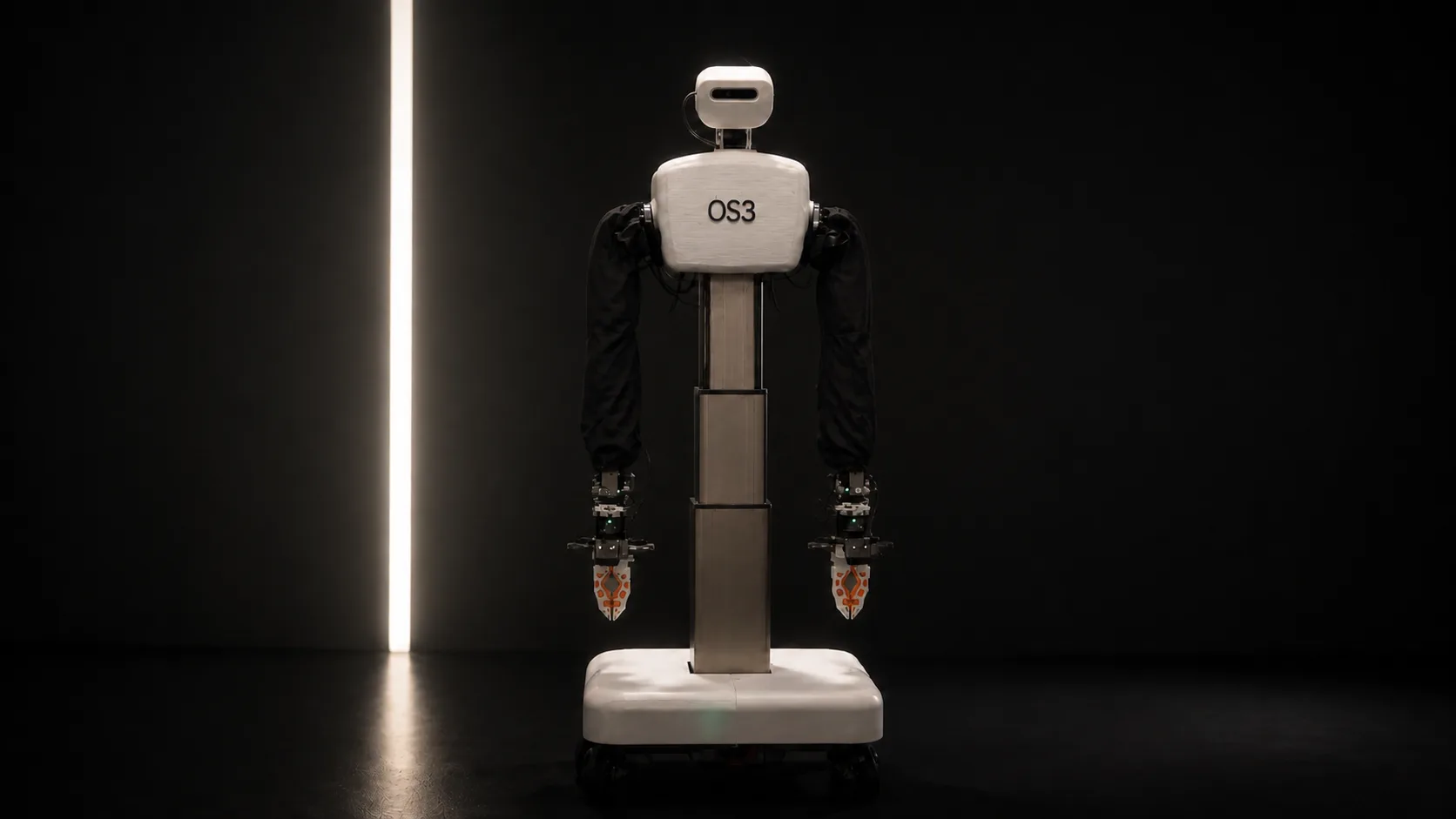 Front view of the H.A.L.E. 1.0 prototype: two arms, a telescoping torso on a vertical lift, and an omnidirectional base